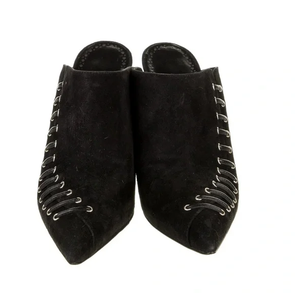 Manolo Blahnik Black Suede Mules with Silver Eyelets Sz 37